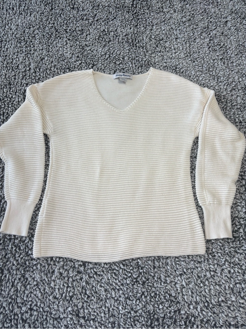 Tommy Bahama Cream Preppy old-money Ribbed Ottoman Knit V-Neck Sequin Sweater